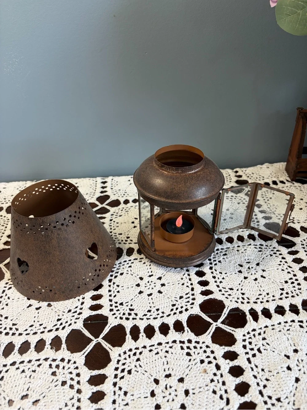 Rust-Tone Heart Cutout Hurricane Style Hinged Glass Table Lantern Candle Holder